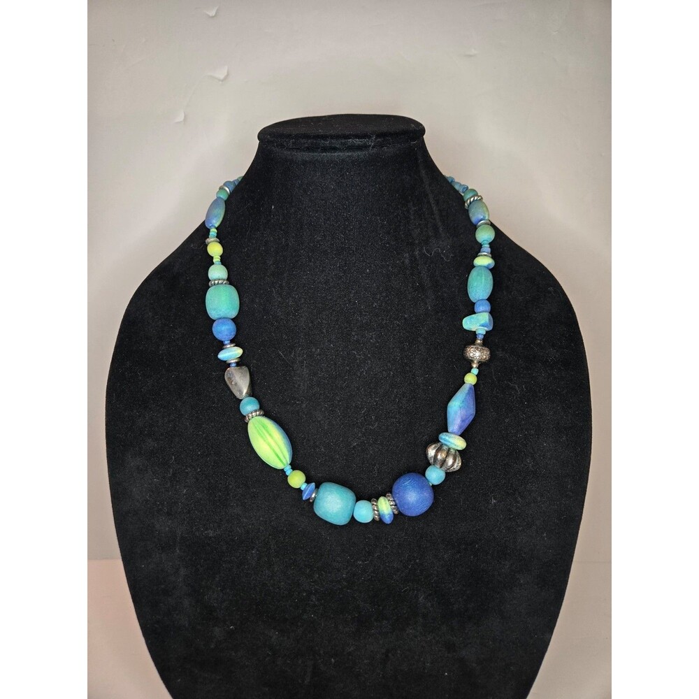 Colorful Beaded Necklace with Silver Tone Hook Closure Blues Greens - Picture 2 of 6